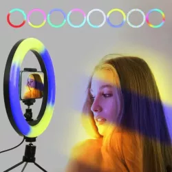 Кольцевая светодиодная лампа RGB 30 см - держатель для телефона, регулируемая яркость, 360° вращение, 8 цветов, USB-порт thumbnail