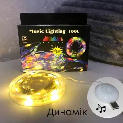 Музыкальная гирлянда с динамиком USB - 10 м, 100 лампочек, 8 мелодий, теплый свет, прозрачный прово thumbnail