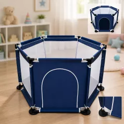 Детский манеж Malatec 126х109х65,5 см - темно-синий, нержавеющая сталь, сетка, складной, до 50 кг thumbnail