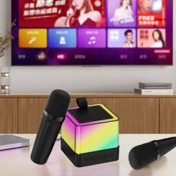 Портативна Bluetooth колонка K18 з RGB LED підсвічуванням - 2 бездротові мікрофони, Bluetooth 5.1, до 8 годин роботи, чорний thumbnail