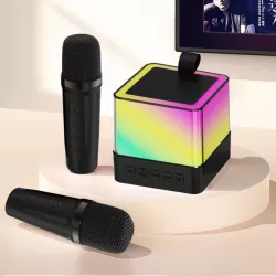 Портативна Bluetooth колонка K18 з RGB LED підсвічуванням - 2 бездротові мікрофони, Bluetooth 5.1, до 8 годин роботи, чорний thumbnail