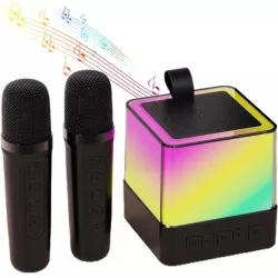 Портативна Bluetooth колонка K18 з RGB LED підсвічуванням - 2 бездротові мікрофони, Bluetooth 5.1, до 8 годин роботи, чорний thumbnail