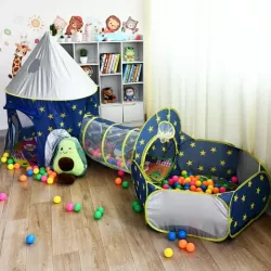 Детский игровой домик-палатка 3в1 - Замок с туннелем и бассейном, 300x120x90 см, синяя, портативная, легко собирается thumbnail