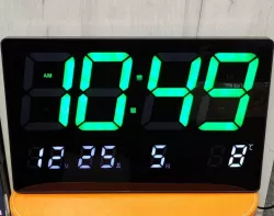 Настенные электронные часы 3308 с зеленой LED-подсветкой - термометр, календарь, пластик, размер 330x30x21 мм thumbnail