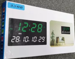 Настенные электронные часы 3308 с зеленой LED-подсветкой - термометр, календарь, пластик, размер 330x30x21 мм thumbnail
