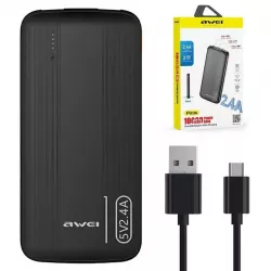 Портативный аккумулятор AWEI P20K 10000mAh - 2 USB, Type-C, 2.4A, индикатор, черный thumbnail