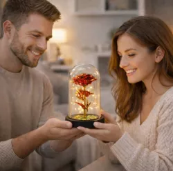 Вечная роза в колбе с LED подсветкой - 21 см, питание от батареек, цвет RED GOLD thumbnail