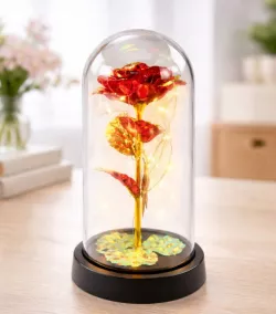 Вечная роза в колбе с LED подсветкой - 21 см, питание от батареек, цвет RED GOLD thumbnail