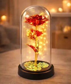 Вечная роза в колбе с LED подсветкой - 21 см, питание от батареек, цвет RED GOLD thumbnail