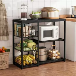 Кухонная полка-стеллаж XS-W56B 80x30x80см - 3 яруса, стальной каркас, МДФ, для кухни и гостиной thumbnail