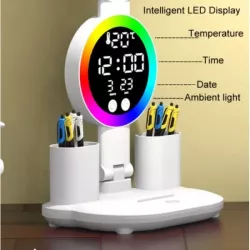 Настольная LED лампа с аккумулятором - 4 плафона, RGB-подсветка, часы, вентилятор, питание от USB thumbnail