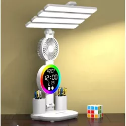 Настольная LED лампа с аккумулятором - 4 плафона, RGB-подсветка, часы, вентилятор, питание от USB thumbnail