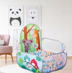 Детский игровой манеж с баскетбольным кольцом - 120x75 см, серый/синий, полиэстер, складывается thumbnail