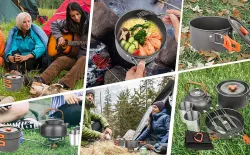 Набор туристической посуды Camping Cooking - антипригарное покрытие, легкий и компактный, кастрюля, сковорода, чайник, столовые приборы thumbnail