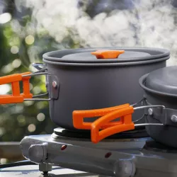 Набор туристической посуды Camping Cooking - антипригарное покрытие, легкий и компактный, кастрюля, сковорода, чайник, столовые приборы thumbnail
