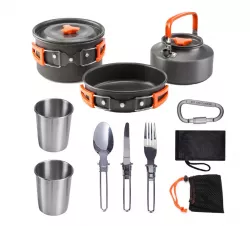 Набор туристической посуды Camping Cooking - антипригарное покрытие, легкий и компактный, кастрюля, сковорода, чайник, столовые приборы thumbnail