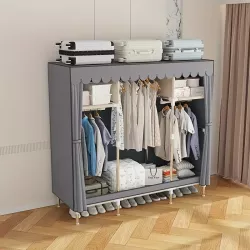 Тканевый шкаф с эвкалиптовым каркасом - 150x45x172см, серый, быстрая сборка, защита от пыли thumbnail