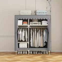 Тканевый шкаф-органайзер SHKF-02 с прочным стальным каркасом - 145x45x165 см, серый, быстрая сборка thumbnail