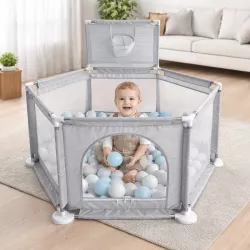 Детский складной манеж 130x65x100см с баскетбольным кольцом - Легко чистится, серый, до 50 кг thumbnail