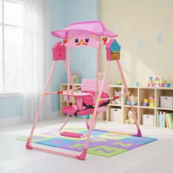 Детские складные качели X623 с козырьком - музыка и подсветка, защита от солнца, розовые thumbnail