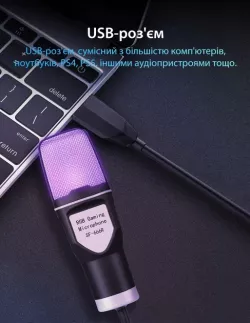 Игровой микрофон с RGB-подсветкой - Конденсаторный, USB, поп-фильтр, штатив thumbnail