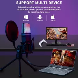 Игровой микрофон с RGB-подсветкой - Конденсаторный, USB, поп-фильтр, штатив thumbnail