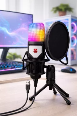 Игровой микрофон с RGB-подсветкой - Конденсаторный, USB, поп-фильтр, штатив thumbnail