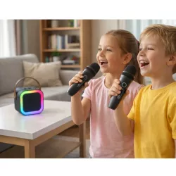 Мини-караоке K12 с 2 беспроводными микрофонами - портативная Bluetooth колонка, LED подсветка, до 8 ч работы, Type-C зарядка, черная thumbnail