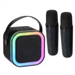 Мини-караоке K12 с 2 беспроводными микрофонами - портативная Bluetooth колонка, LED подсветка, до 8 ч работы, Type-C зарядка, черная thumbnail
