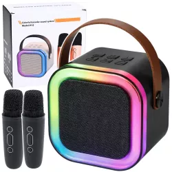 Мини-караоке K12 с 2 беспроводными микрофонами - портативная Bluetooth колонка, LED подсветка, до 8 ч работы, Type-C зарядка, черная thumbnail