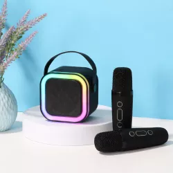 Мини-караоке K12 с 2 беспроводными микрофонами - портативная Bluetooth колонка, LED подсветка, до 8 ч работы, Type-C зарядка, черная thumbnail