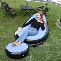 Надувной диван Air Sofa с пуфиком и насосом - Винил, флокированное покрытие, 116x88x83 см, Голубой thumbnail