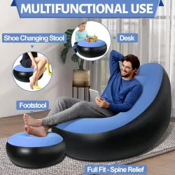 Надувной диван Air Sofa с пуфиком и насосом - Винил, флокированное покрытие, 116x88x83 см, Голубой thumbnail