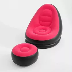 Надувное велюровое кресло с пуфиком и насосом Air Sofa - Компактное и стильное, розовое, макс. нагрузка 100 кг, флокированное покрытие thumbnail