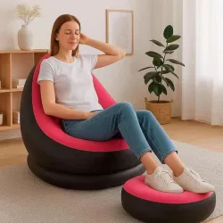 Надувное велюровое кресло с пуфиком и насосом Air Sofa - Компактное и стильное, розовое, макс. нагрузка 100 кг, флокированное покрытие thumbnail