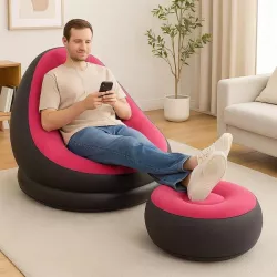 Надувное велюровое кресло с пуфиком и насосом Air Sofa - Компактное и стильное, розовое, макс. нагрузка 100 кг, флокированное покрытие thumbnail
