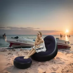 Надувной диван с пуфом Air Sofa - велюровое кресло, насос в комплекте, фиолетовый thumbnail