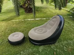 Надувной диван Air Sofa с пуфом - Велюровое покрытие, Подстаканник, Насос в комплекте, Бежевый thumbnail