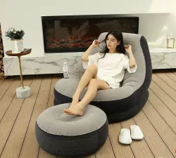 Надувной диван Air Sofa с пуфом - Велюровое покрытие, Подстаканник, Насос в комплекте, Бежевый thumbnail