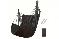 Подвесное кресло-гамак садовый - 130x100см, до 120кг, черное, 65% хлопок, деревянная перекладина thumbnail