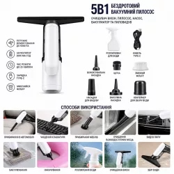 Вакуумный беспроводной пылесос 5в1 - 2000mAh, 5000 Па, 25 мин работы, Type-C зарядка, многофункциональные насадки thumbnail