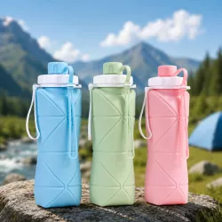 Складная силиконовая бутылка для воды 600 мл - герметичная крышка, петля для переноски, компактная конструкция thumbnail