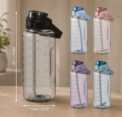 Спортивная бутылка для воды 2л с трубочкой и ручкой - герметичная, шкала объема, черная thumbnail