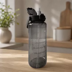 Спортивная бутылка для воды 2л с трубочкой и ручкой - герметичная, шкала объема, черная thumbnail