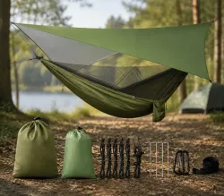 Кемпинговый гамак с москитной сеткой и тентом - 260x140 см, до 200 кг, полиэстер 210D, водонепроницаемый, комплект с чехлом и карабинами thumbnail
