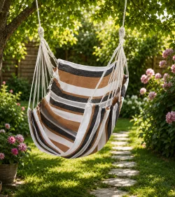 Подвесное кресло-гамак для улицы - 130x100см, до 120кг, коричневое с полосками, 65% хлопок, 35% полиэстер, с подушками thumbnail