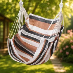 Подвесное кресло-гамак для улицы - 130x100см, до 120кг, коричневое с полосками, 65% хлопок, 35% полиэстер, с подушками thumbnail