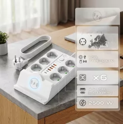 Сетевой удлинитель Q380/PNS-08 с беспроводной зарядкой - 6 розеток, 4 USB, 2 Type-C PD, 5м кабель, LED-индикато thumbnail
