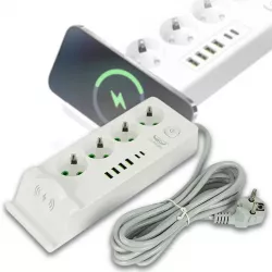Сетевой удлинитель Q360/PNS-06 с беспроводной зарядкой - 3 евро-розетки 220V, 4 USB, 2 Type-C PD, LED-индикатор, 3м кабель thumbnail