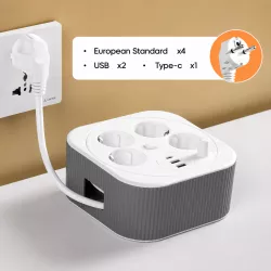 Сетевой фильтр-удлинитель 4 м, 2500 Вт - 4 розетки EURO, 2 USB, 1 Type-C, LED индикатор, белый thumbnail